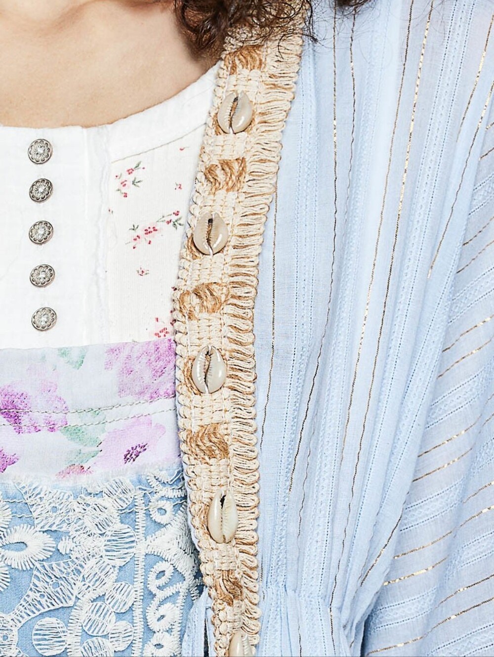 POL Powder Blue Gold Metallic Lace Seashell Boho Kimono Cardigan Style SMQG2 - Picture 5 of 9